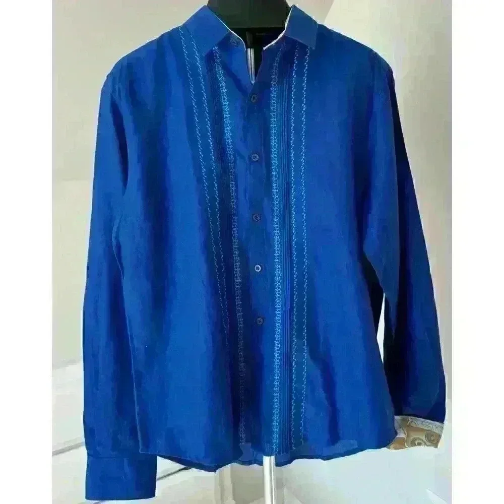 Vintage American Blues Embroidered Men’s Shirt XL Linen Mexico Long sleeve Blue